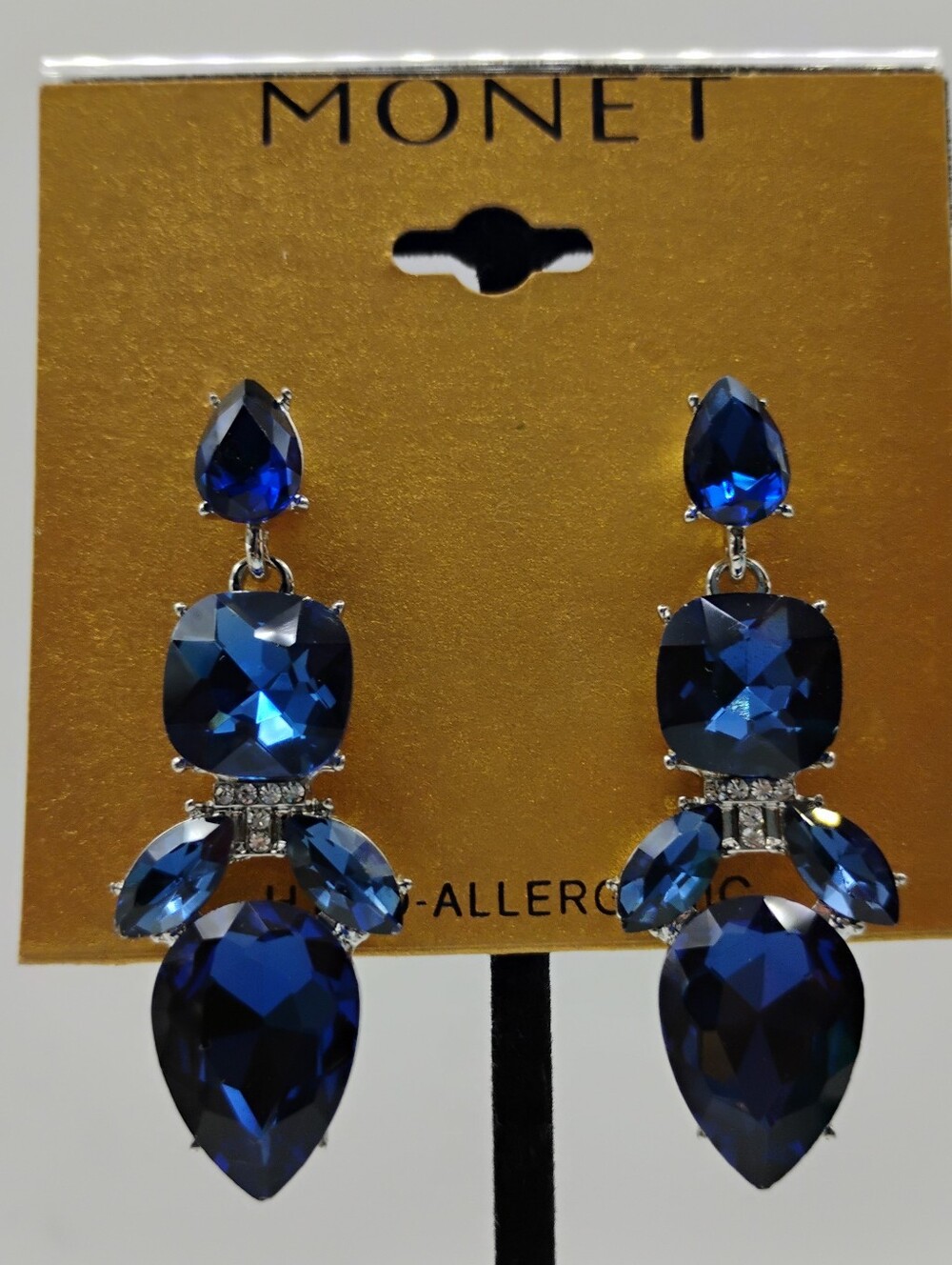 MONET Royal Blue Faceted Cushion Marquise Drop Earrings